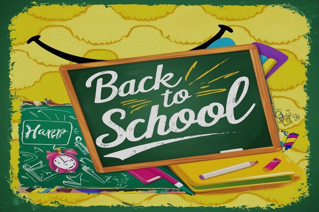 Back to school text vector template design Back to school greeting in green chalk board space for typography and yellow pattern background Vector illustration school greeting template