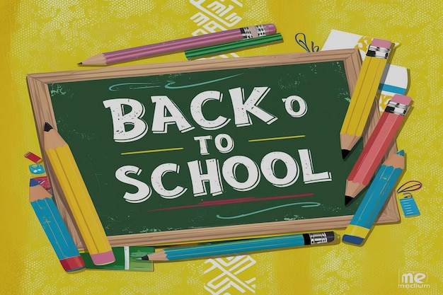 Back to school text vector template design Back to school greeting in green chalk board space for typography and yellow pattern background Vector illustration school greeting template