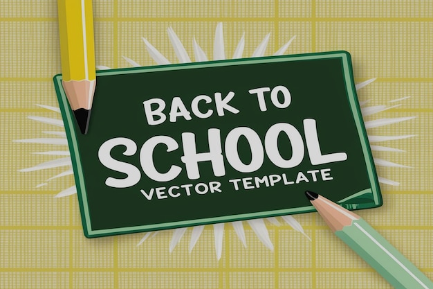 Back to school text vector template design Back to school greeting in green chalk board space for typography and yellow pattern background Vector illustration school greeting template