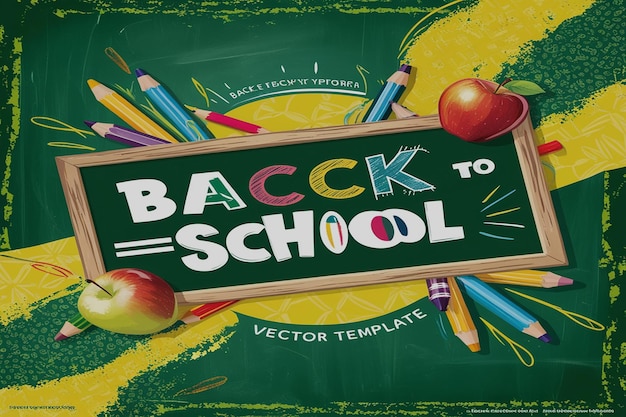 Back to school text vector template design Back to school greeting in green chalk board space for typography and yellow pattern background Vector illustration school greeting template