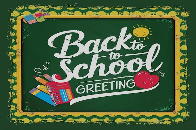 Back to school text vector template design Back to school greeting in green chalk board space for typography and yellow pattern background Vector illustration school greeting template