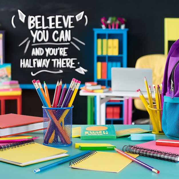 Back to school themed scene bursting with colorful school supplies Pencils notebooks and erasers