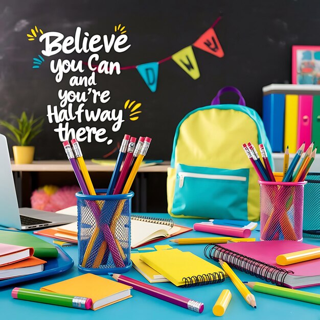 Back to school themed scene bursting with colorful school supplies Pencils notebooks and erasers