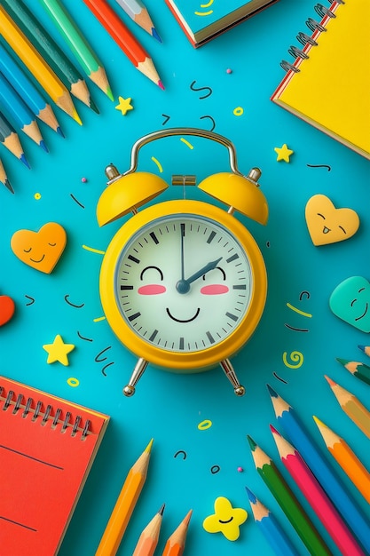 Photo back to school there is a cute alarm clock on the background of school supplies the concept of educa