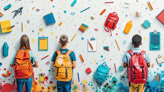 Back to school with colorful backpacks and school supplies