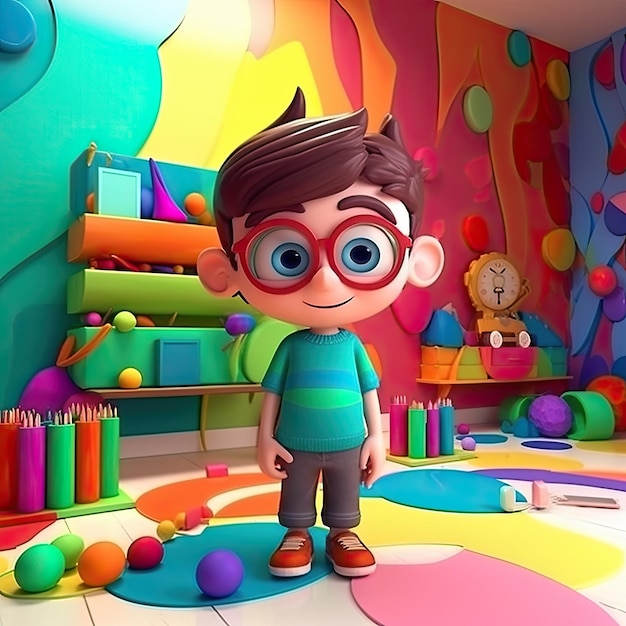 Back to school with a playful cheerful 3D cartoon character of a small boy on a colorful background Generative AI