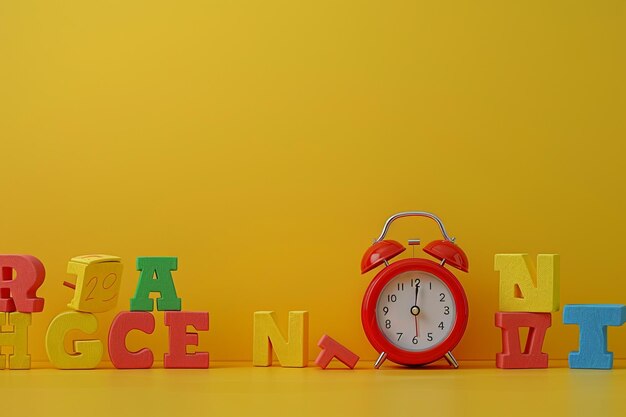 Back to school with red alarm clock and typography letter on yellow