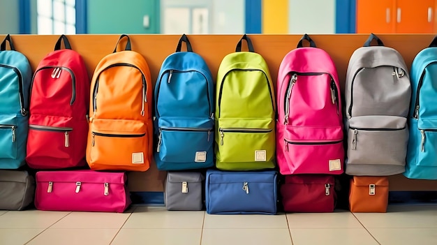 Photo back to school with a row of colorful school bags in the background