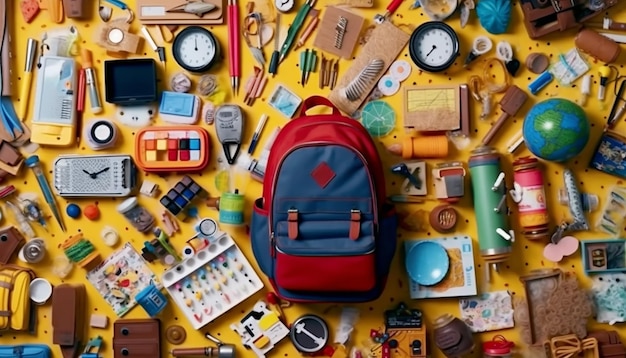 Back to school with a supplies collection with a yellow background