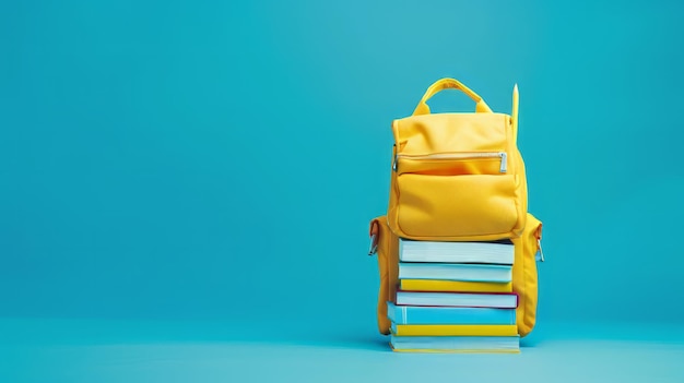 Photo back to school yellow backpack with books and school stuff on blue background