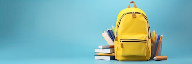 Back to school Yellow backpack with books and school stuff on blue background