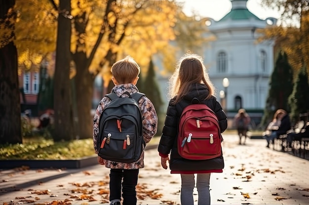 Back to School Young Students with Bright Backpacks Go to School Child in Autumn Park Go to Get Knowledge Road to School Yellow Trees Generative AI Illustration