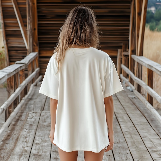 Back side of tshirt mockup Female model in white tshirt Blank oversized tee template your design