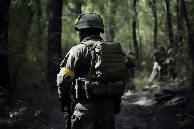 Back of soldier in deep forest Special forces war operation Generative AI