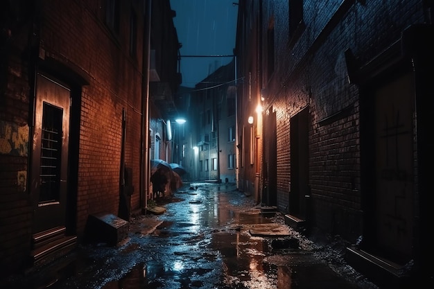 Back street alley with old city houses in rain at night Ai Empty dark alleyway