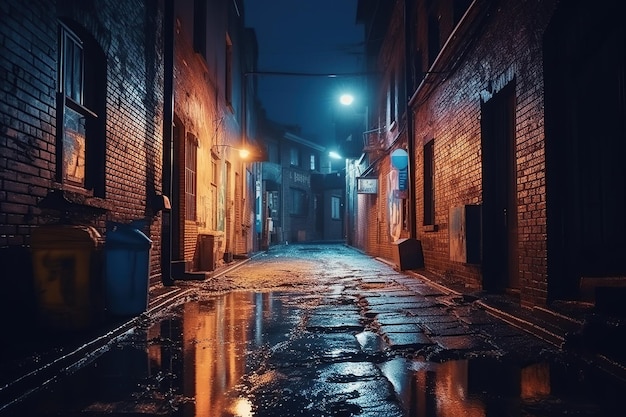 Back street alley with old city houses in rain at night Ai Empty dark alleyway