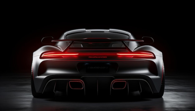 the back of the supercar is shown in a dark room