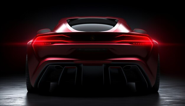 the back of the supercar is shown in a dark room