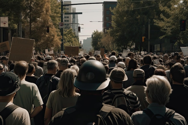 Back view of aggressive people protesting at city street Crowd with raising fists Generative AI