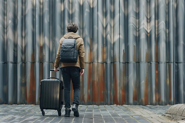 Back view alone traveler with luggage