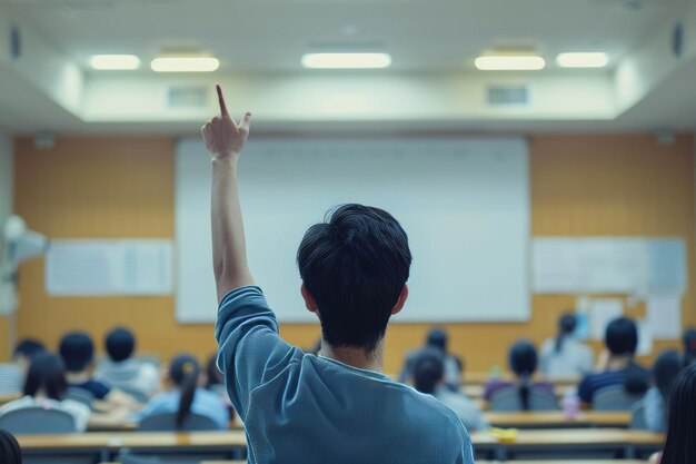 Back view of an Asian man raising his hand to a vista while a teacher gives a lecture in a classroom