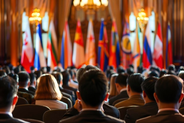 Photo back view of audience at a formal event with national flags