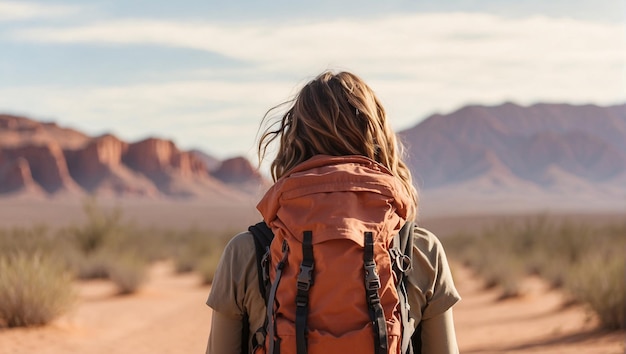 back view of a backpacker with a desert background