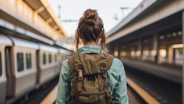 back view of a backpacker with a train station in the background