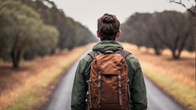 back view of a backpacker with a village road in the background