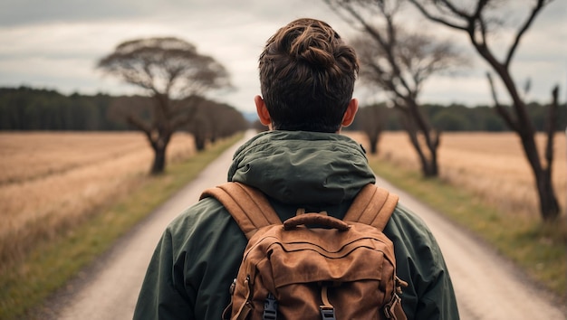 back view of a backpacker with a village road in the background