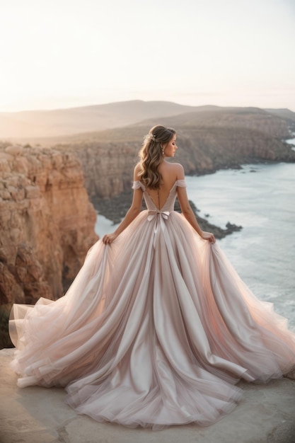 Back view of a beautiful brunette bride a woman wearing a long fluffy powdery dress stands against the background of the sunset the sea Wedding the beauty of the concept