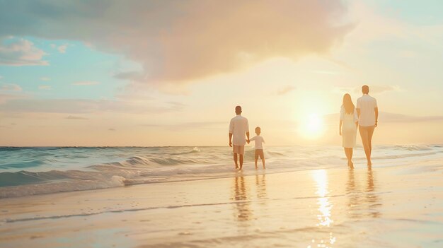 Back view of a beautiful family on a beach during summer vacation Wide panorama perf Generative AI