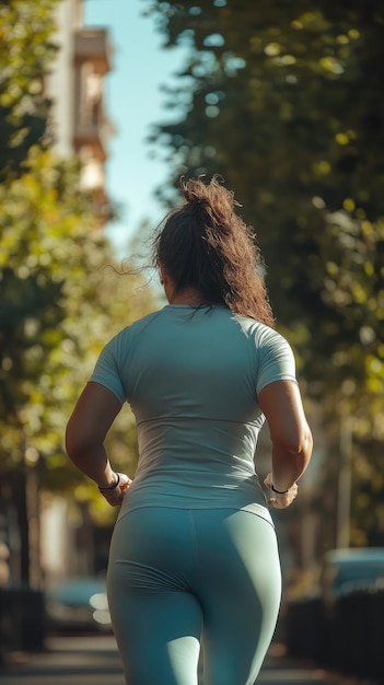 Photo back view of a beautiful plus size woman beginning a run