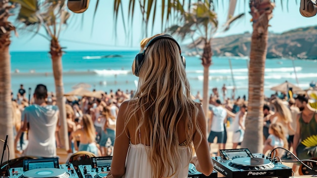 Photo back view of beautiful woman dj with headphones on stage at beach club people dancing in background