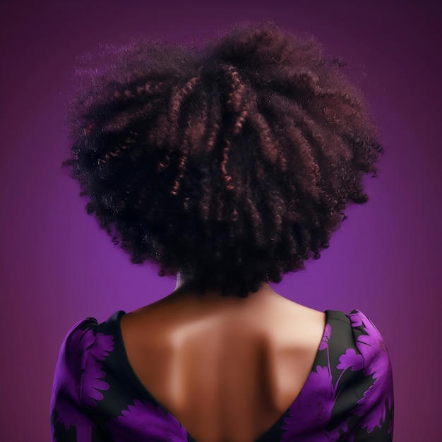 Back view of a black woman with a large curly hair over a purple background