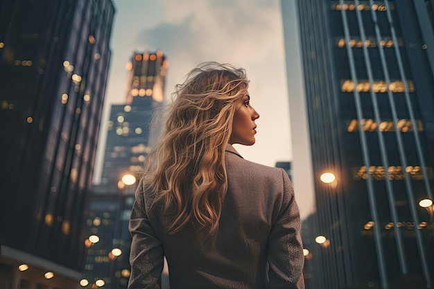 Back view of a blonde Scandinavian businesswoman in a formal suit against the backdrop of skyscrapers in the business district of the city Success and prosperity Hard work in finance