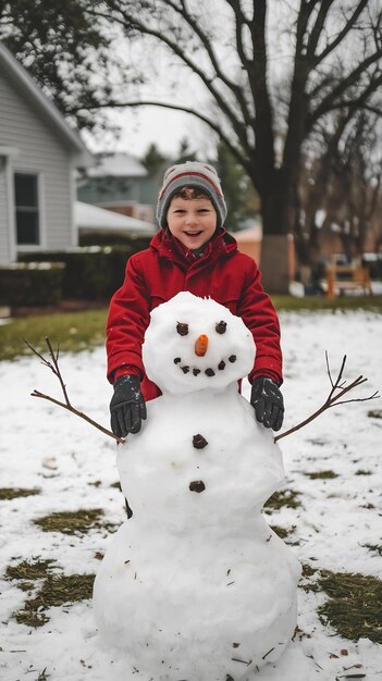 Photo back view of a boy and a snowman in the yard