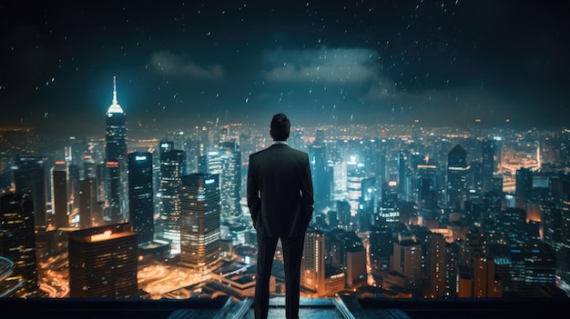 back view of a business man standing amidst the mesmerizing night cityscape with hologram lights illuminating the urban environment Business man standing on city