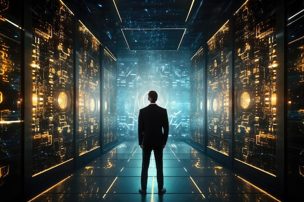 Back view of businessman looking at futuristic tunnel Future and technology concept A businessman standing in front of a digital glowing cyber portal with a binary network system AI Generated