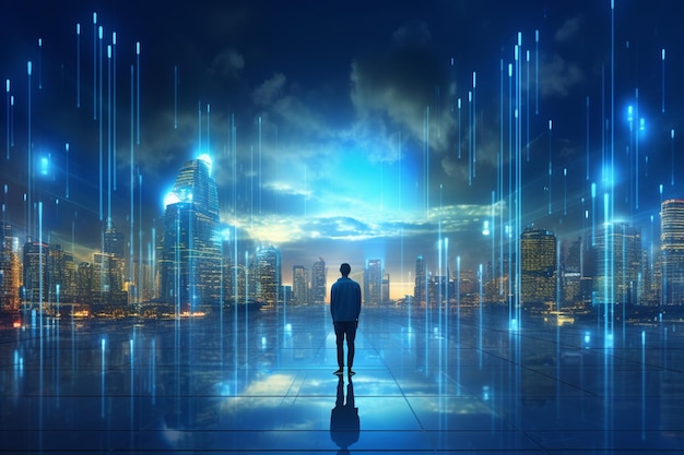 Back view of businessman looking at night city and binary code concept 3D Rendering