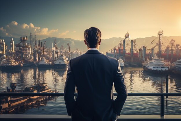 Back View of Businessman Looking at Ships in Harbor Generative AI