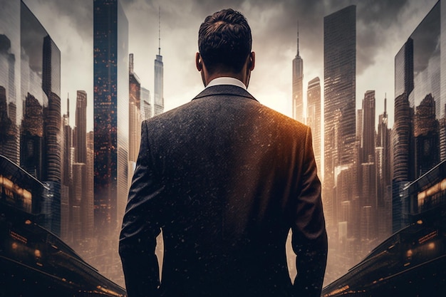 Back view of a businessman looking at skyscrapers represents Youthful Courage in the business world