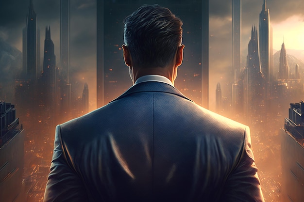 Back view of a businessman looking at skyscrapers represents Youthful Courage in the business world