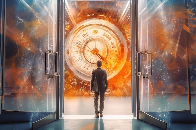 Back View of Businessman Standing in front of the Big Clock with Modern Technology Concept