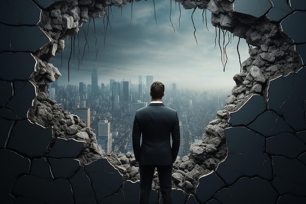 Back View of Businessman Standing Looking at Cityscape From Destroyed Wall Hole Generative AI