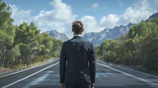 Photo back view of businessman standing on road and looking