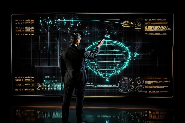 Back view of businessman touching icon of media screen on dark background Mixed media A businessman using holographic projection for financial analysis and decision making rear view AI Generated