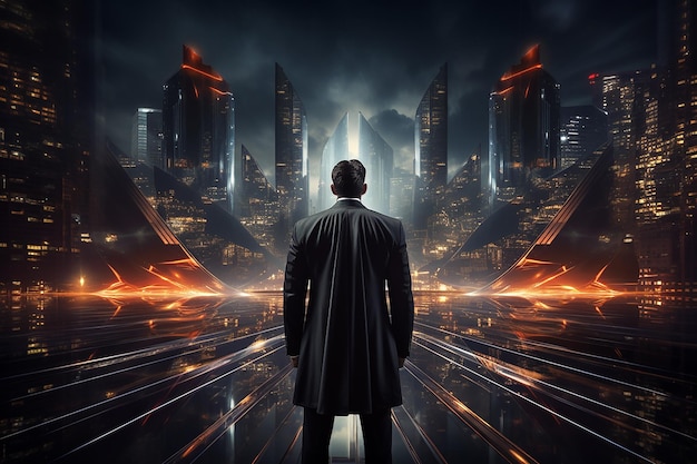 Back View of Businessman Wearing Cloak Standing Looking at the Skyscraper at Night AI Generative