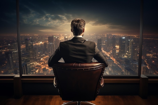 Back View of Businessman Wearing Suit Sitting in Chair Facing the Window with Skyscraper View