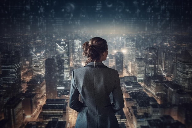 Back view of businesswoman looking at skyscrapers represents Youthful Courage in the business world